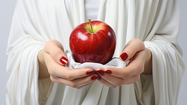Gesunde Wahl Frau hält Apfel vor reinem weißen Hintergrund