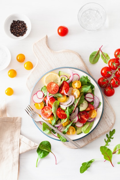 Gesunder bunter veganer Tomatensalat mit Gurke, Radieschen, Zwiebel