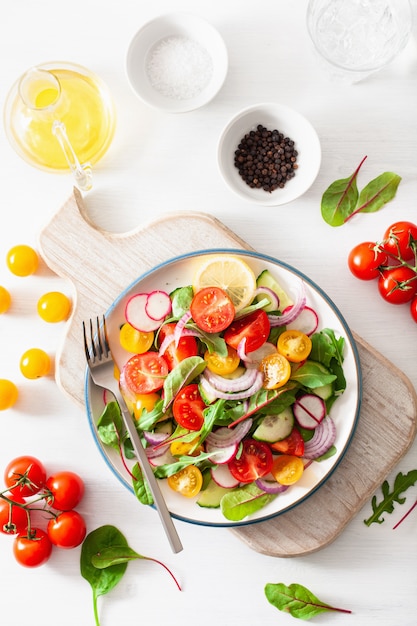 Gesunder bunter veganer Tomatensalat mit Gurke, Radieschen, Zwiebel