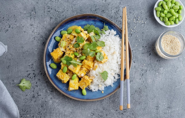 Gesunder gekochter Tofu mit Sauce und Reis