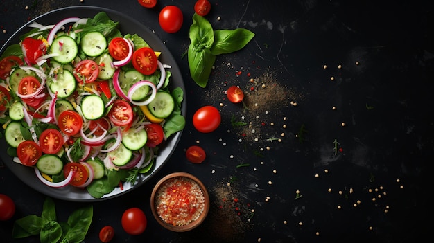 Gesunder Gemüsesalat aus frischen Tomaten-Gurken-Zwiebeln