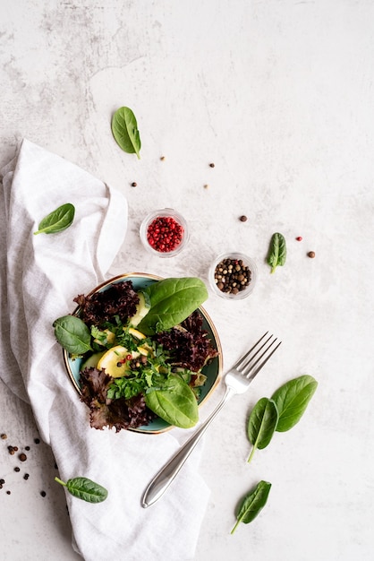 Gesunder Gemüsesalat mit Spinat, rotem Salat, Gurken und viel Grün