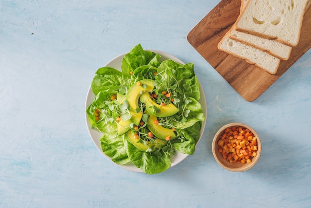 Gesunder grüner Salat aus Avocado, Gurke, Weintraube, Petersilie und Salat mit Olivenöl-Dressing, Balsamico-Essig und Körnersenf.