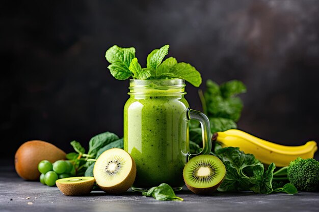 Gesunder grüner Smoothie mit Kiwi-Banane und Spinat auf dunklem Hintergrund Glasbecher mit grünem Gesundheits-Smoothie Grünkohlblätter Limette Apfel Kiwi Trauben Banane Avocado Salat AI generiert