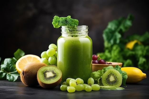 Gesunder grüner Smoothie mit Kiwi-Bananen-Trauben und Brokkoli im Glas auf dunklem Hintergrund Glasbecher mit grünem Gesundheits-Smoothie, Grünkohlblättern, Limettenapfel, Kiwi-Trauben, Banane, AI generiert