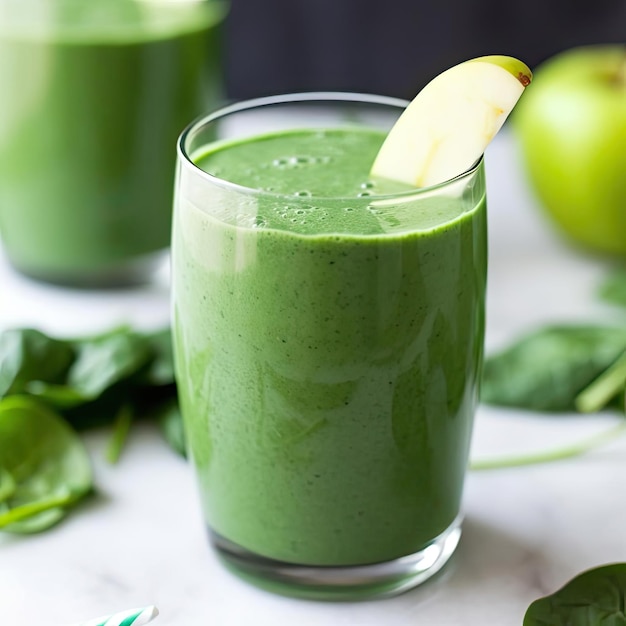 Gesunder grüner Smoothie mit selektivem Fokus auf Apfel und Spinat