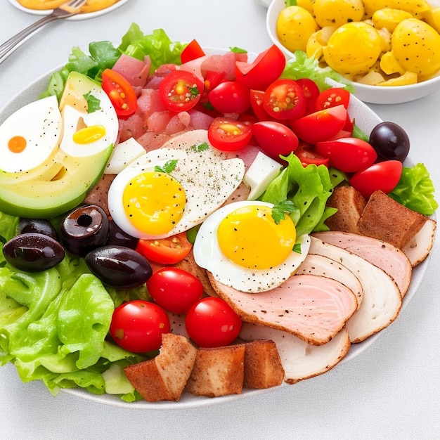 Gesunder, herzhafter Salat aus Thunfisch, grünen Bohnen, Tomaten, Eiern, Kartoffeln, schwarzen Oliven, Nahaufnahme
