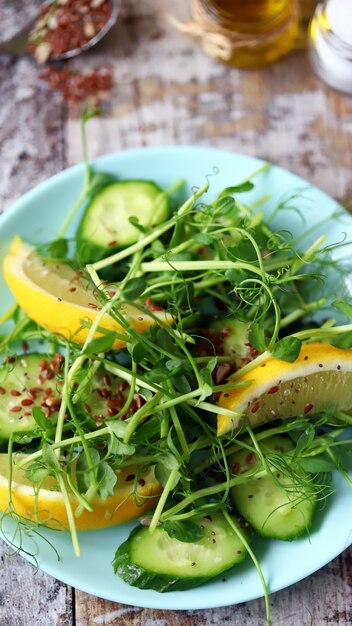 Gesunder leichter Salat mit Microgreens, Zitrone und Gurke mit Leinsamen und Samen. Super Essen. Frühlingsessen.