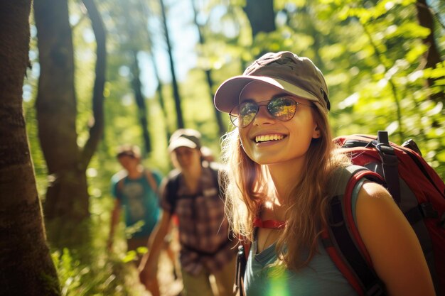 Foto gesunder lifestyle-ausflug beim wandern durch den wald