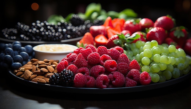 gesunder Obstsalat, Himbeere, Traube, Erdbeere, Blaubeere, Brombeere, Orange, generiert durch künstliche Intelligenz