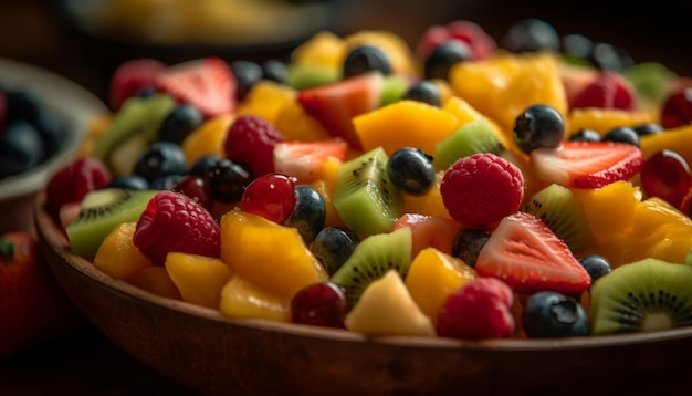 Gesunder Obstsalat mit bunten Beeren und Kiwi, generiert von KI