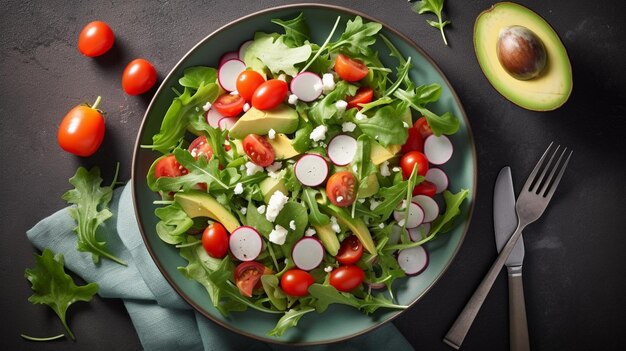 Gesunder Rucola-Salat mit Avocado, Rettich und Pfeffer