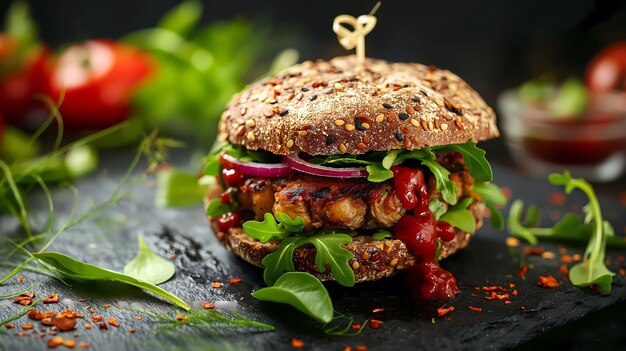 gesunder, saftiger veganer Kichererbissenburger mit Soße, Zwiebelsalat und Vollweizenbrötchen