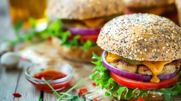 gesunder, saftiger veganer Kichererbissenburger mit Soße, Zwiebelsalat und Vollweizenbrötchen