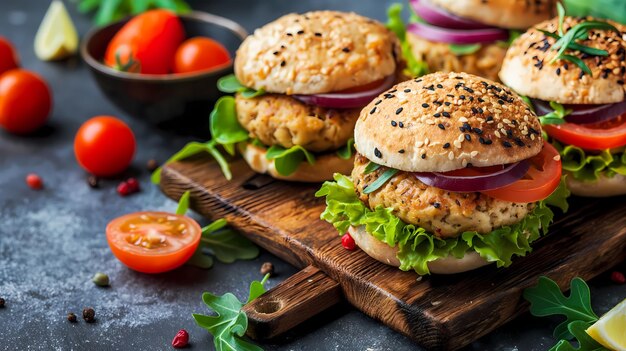 gesunder, saftiger veganer Kichererbissenburger mit Soße, Zwiebelsalat und Vollweizenbrötchen