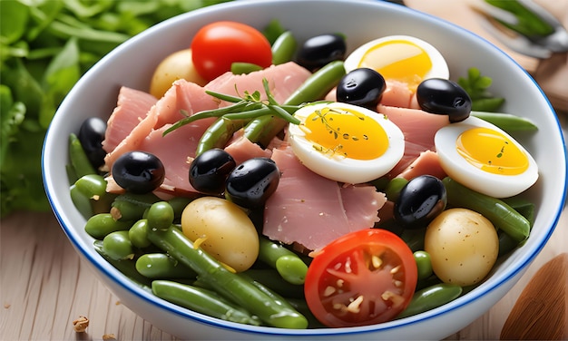 Gesunder Salat aus Thunfisch, grünen Bohnen, Tomaten, Eiern, Kartoffeln, schwarzen Oliven, Nahaufnahme in einer Schüssel