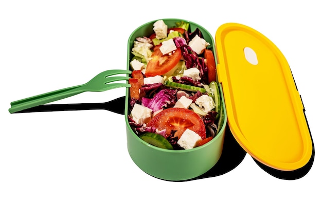 Gesunder Salat in einer Plastik-Lunchbox. Gemüsemischung in der Lunchbox mit einer Gabel