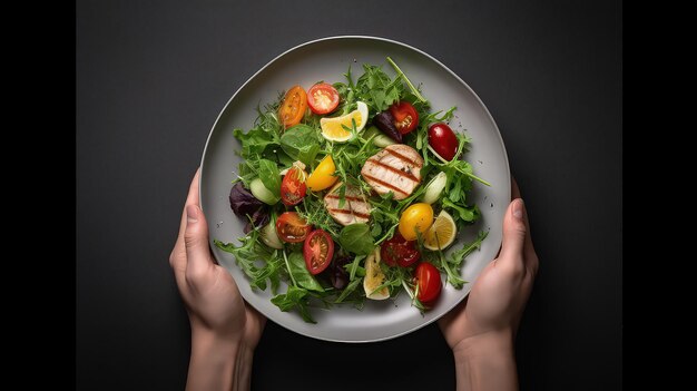 gesunder Salat mit Avocado-Tomaten auf der Tischplatte