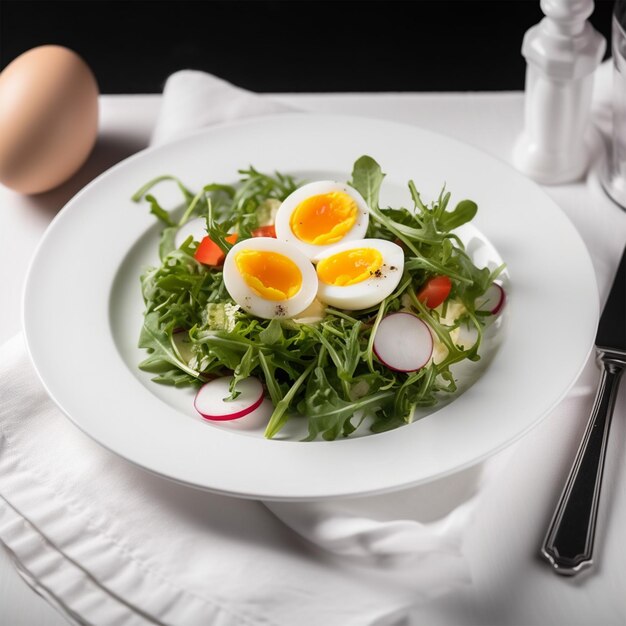 Gesunder Salat mit Ei auf einem weißen Teller