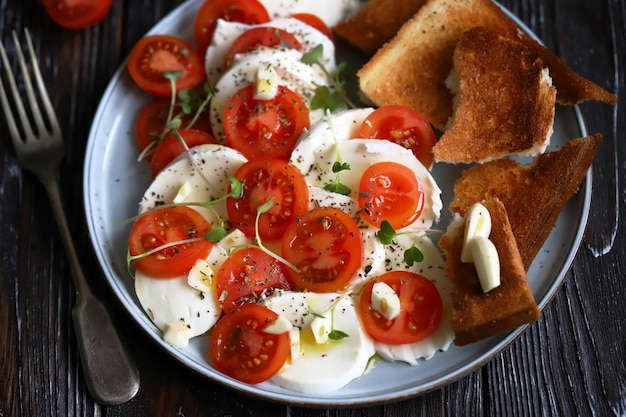 Gesunder Salat mit Tomaten, Mozzarella und Croutons Panzanella-Salat