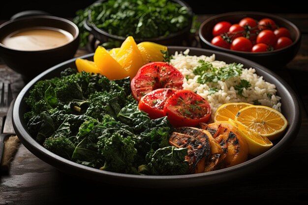 Gesunder Teller Erfreuen Sie Ihren Gaumen mit einem lebendigen, nährstoffreichen Teller mit frischem Obst, buntem Gemüse und gesundem Getreide. Diät, gesunde Ernährung, Illustration, generative KI