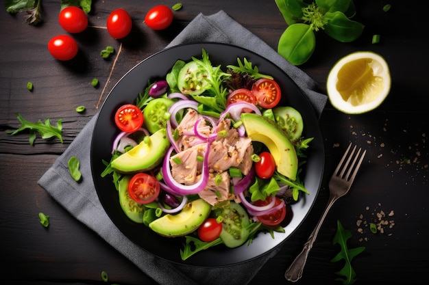 Gesunder Thunfischsalat mit Salat, Tomaten, Avocado und Zwiebeln im französischen Küchenstil, Draufsicht, flach liegend