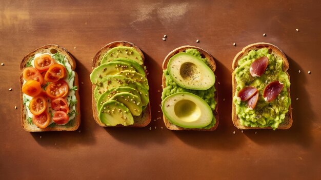 Gesunder Toast mit Avocado und Tomate auf einem von der KI generierten Holzbrett