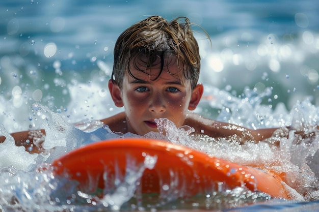 Gesunder und furchtloser Junge Boarding in Orange Waves kostenlos