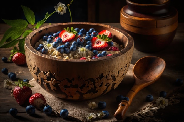 Foto gesunder und leckerer haferbrei mit frischen heidelbeeren und erdbeeren