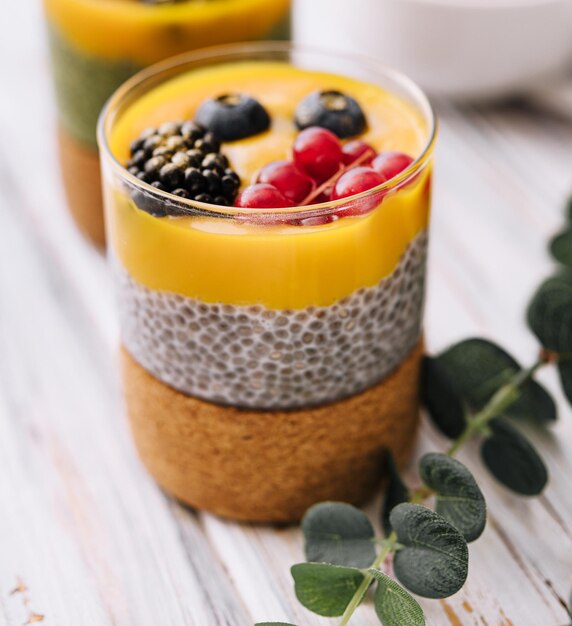 Gesunder veganer Chiapudding mit Mangosauce und frischen Beeren