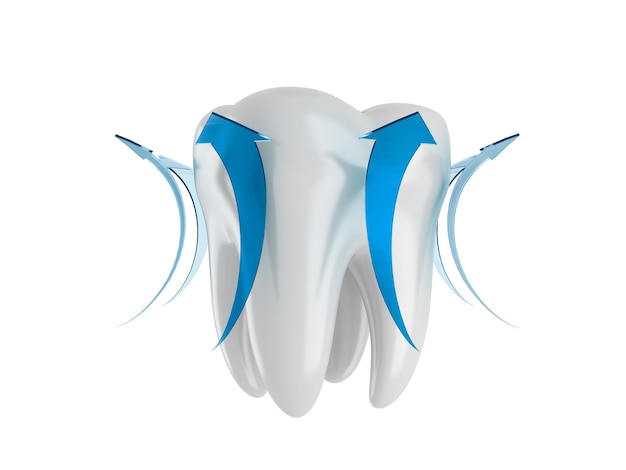 Gesunder Zahn mit einem blauen Pfeil 3D-Rendering
