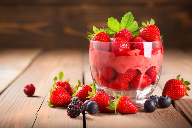 Gesundes Erdbeer-Joghurt mit frischen Beeren auf Holz
