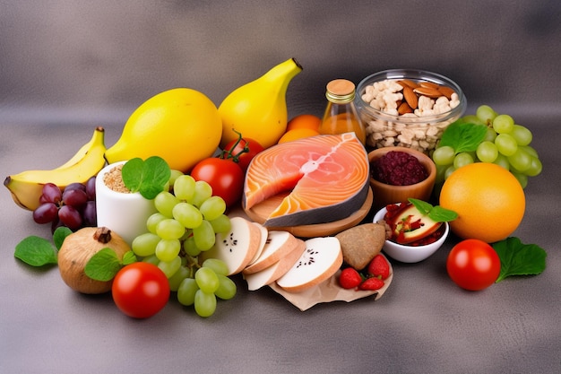 Gesundes Ernährungskonzept mit viel Obst, Gemüse und Fleisch generativer ai