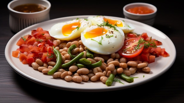 Foto gesundes essen bohnen mit gemüse und gekochtem ei auf einem teller