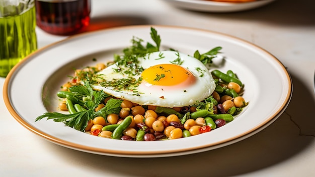 Gesundes Essen Bohnen mit Gemüse und gekochtem Ei auf einem Teller