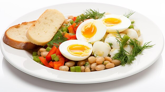 Gesundes Essen Bohnen mit Gemüse und gekochtem Ei auf einem Teller