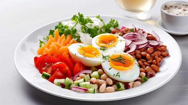 Foto gesundes essen bohnen mit gemüse und gekochtem ei auf einem teller