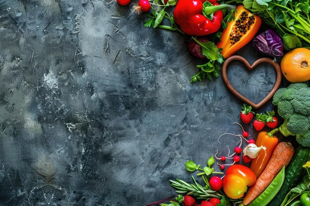 Gesundes Essen im Herzen Diät Kochkonzept mit frischem Obst und Gemüse