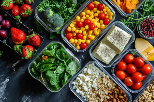 Gesundes Essen in Plastikbehältern auf schwarzem Hintergrund Sauberes Essen Konzept Gesundes Essen Konzept Sortiment von gesundem Essen in Kunststoffbehältern KI generiert