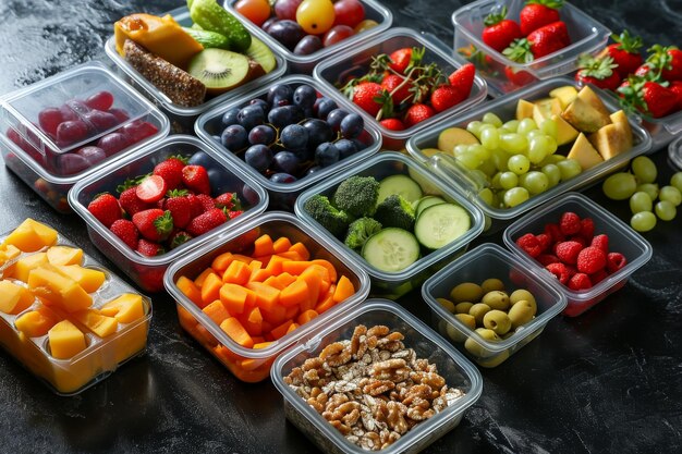 Gesundes Essen in Plastikbehältern auf schwarzem Hintergrund Sauberes Essen Konzept Gesundes Essen Konzept Sortiment von gesundem Essen in Kunststoffbehältern KI generiert