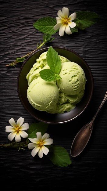 Gesundes Essen Konzept Avocado- oder Pistazien-Eis auf einem Teller auf dem Tisch Rustikal Top-View