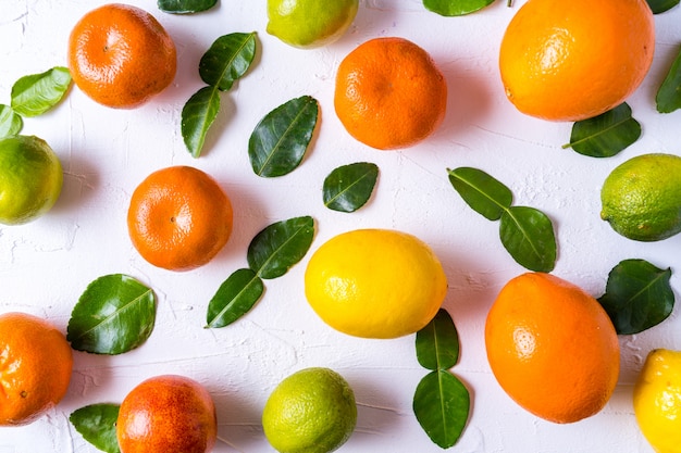 Gesundes Essen-Konzept Muster mit rohen frischen Zitrusfrüchten - Orange, Zitrone, Limette und Mandarine.