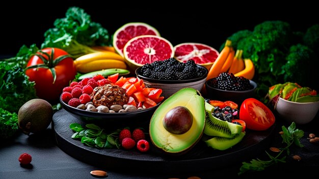 gesundes Essen Obst und Gemüse Top-View auf dunklem Hintergrund