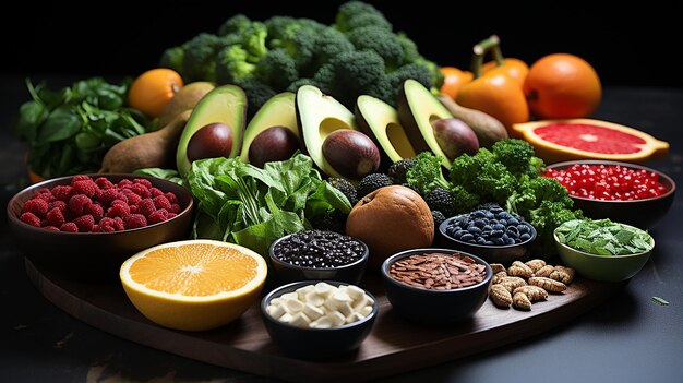 Gesundes Essen sauberes Essen Auswahl von Obst, Gemüse, Samen, Superfood, Getreide, Blattgemüse