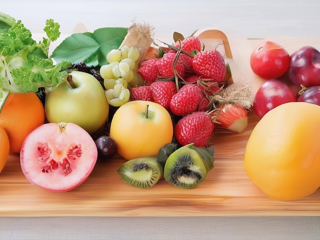 Gesundes Essen von frischem Bio-Frucht- und Gemüsesnack auf einem Holztisch