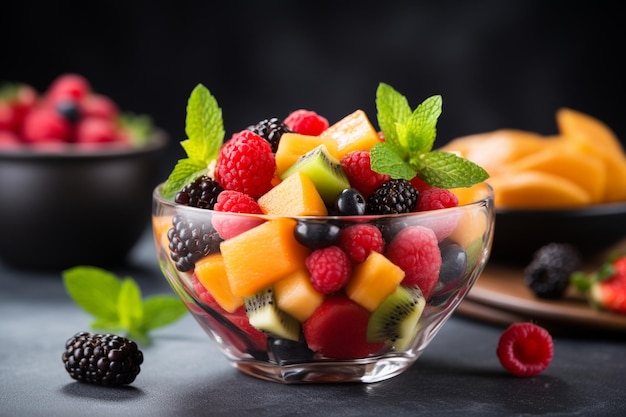 Gesundes Fruchtsalat mit reifen Beeren und Melone