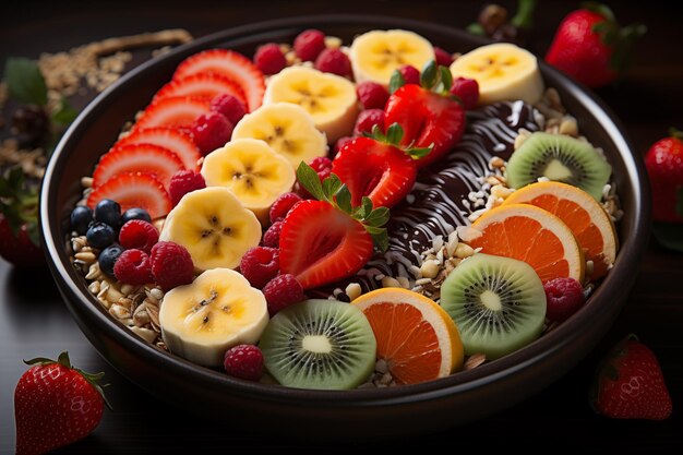 gesundes Frühstück ein Teller mit Früchten, Beeren und Joghurt auf einem dunklen Hintergrund