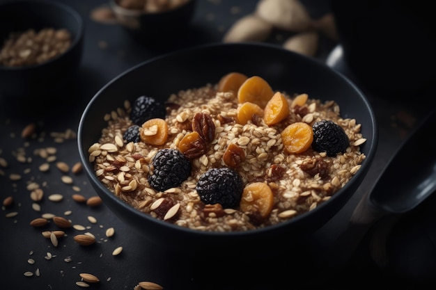 Gesundes Frühstück Frisches Müsli-Müsli mit Joghurt und Beeren im Hintergrund. Kopierraum