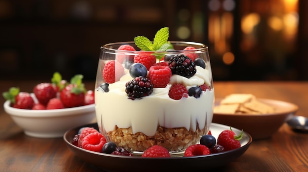 Gesundes Frühstück Joghurt mit Muesli und Beeren