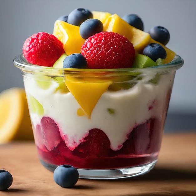 gesundes Frühstück mit Joghurt und Obst auf einem Holztisch